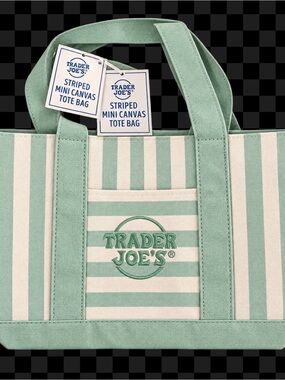 NWT Trader Joe's Mint & White Striped Canvas Tote Bag